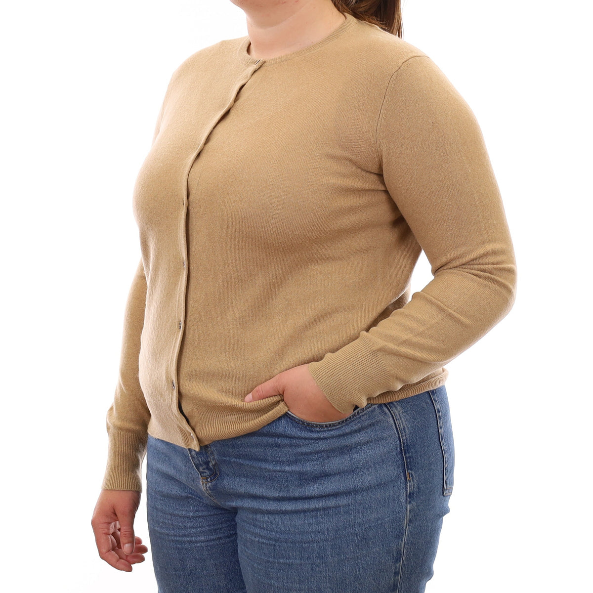 Camel Brown Cashmere Crew Neck Cardigan Large