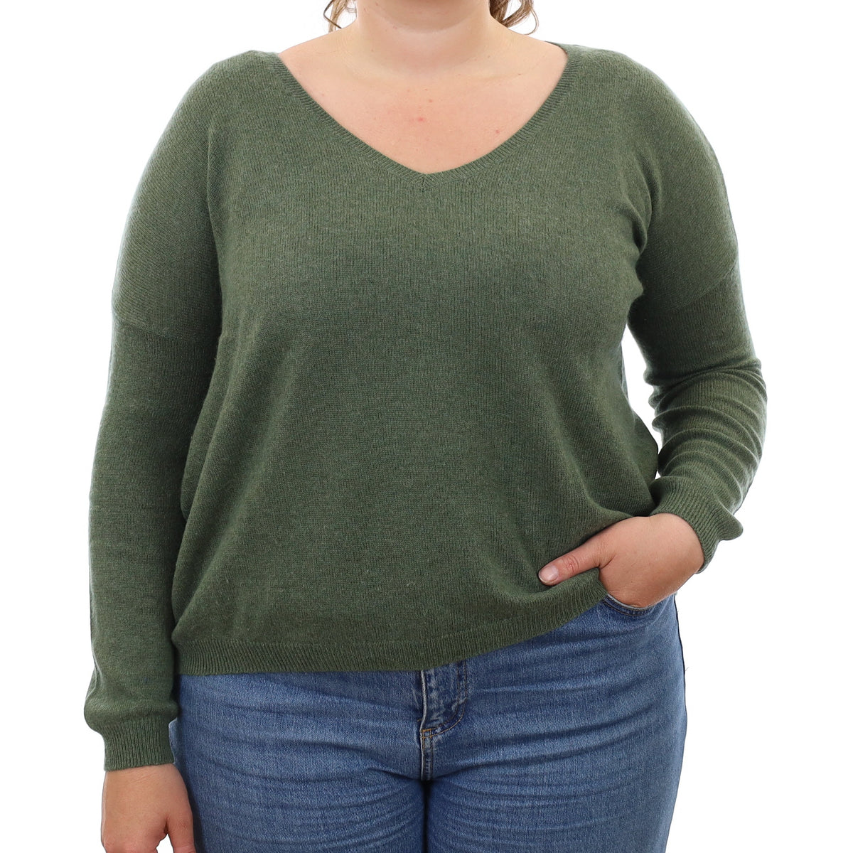 Alpine Green Cashmere Slouchy V Neck Jumper Large