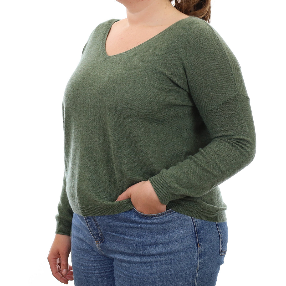 Alpine Green Cashmere Slouchy V Neck Jumper Large