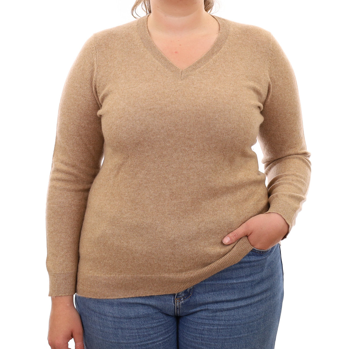 Caramel Brown Cashmere V Neck Jumper Large