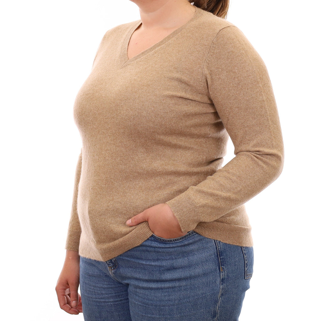 Caramel Brown Cashmere V Neck Jumper Large