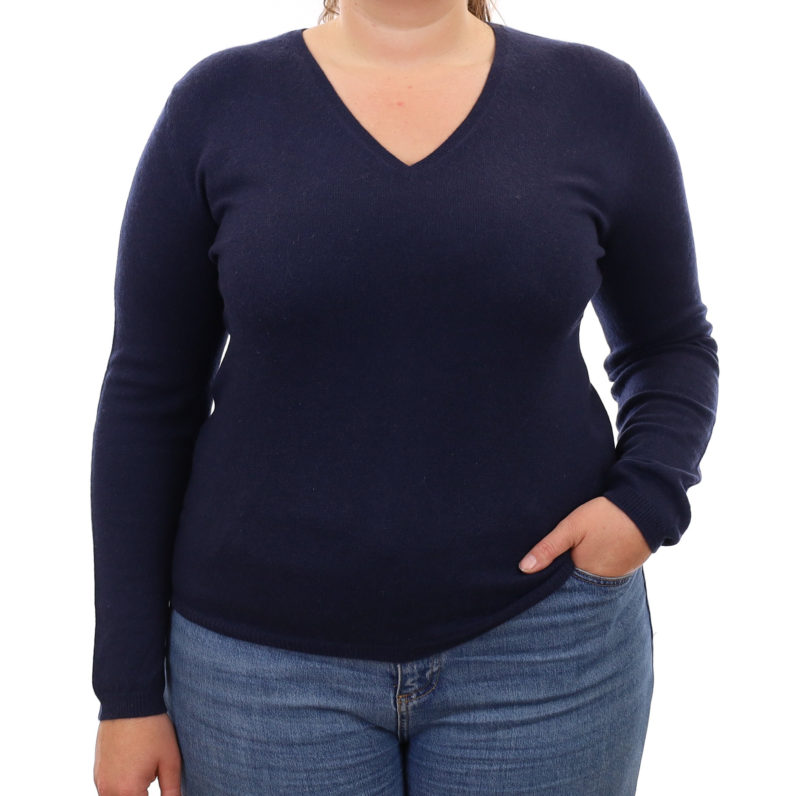 Yorn Navy Blue Cashmere V Neck Jumper Large