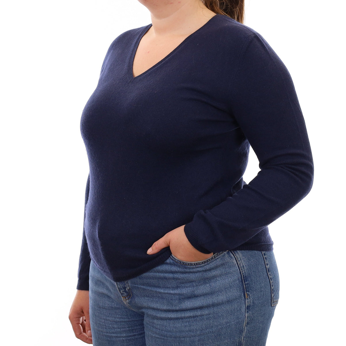 Yorn Navy Blue Cashmere V Neck Jumper Large