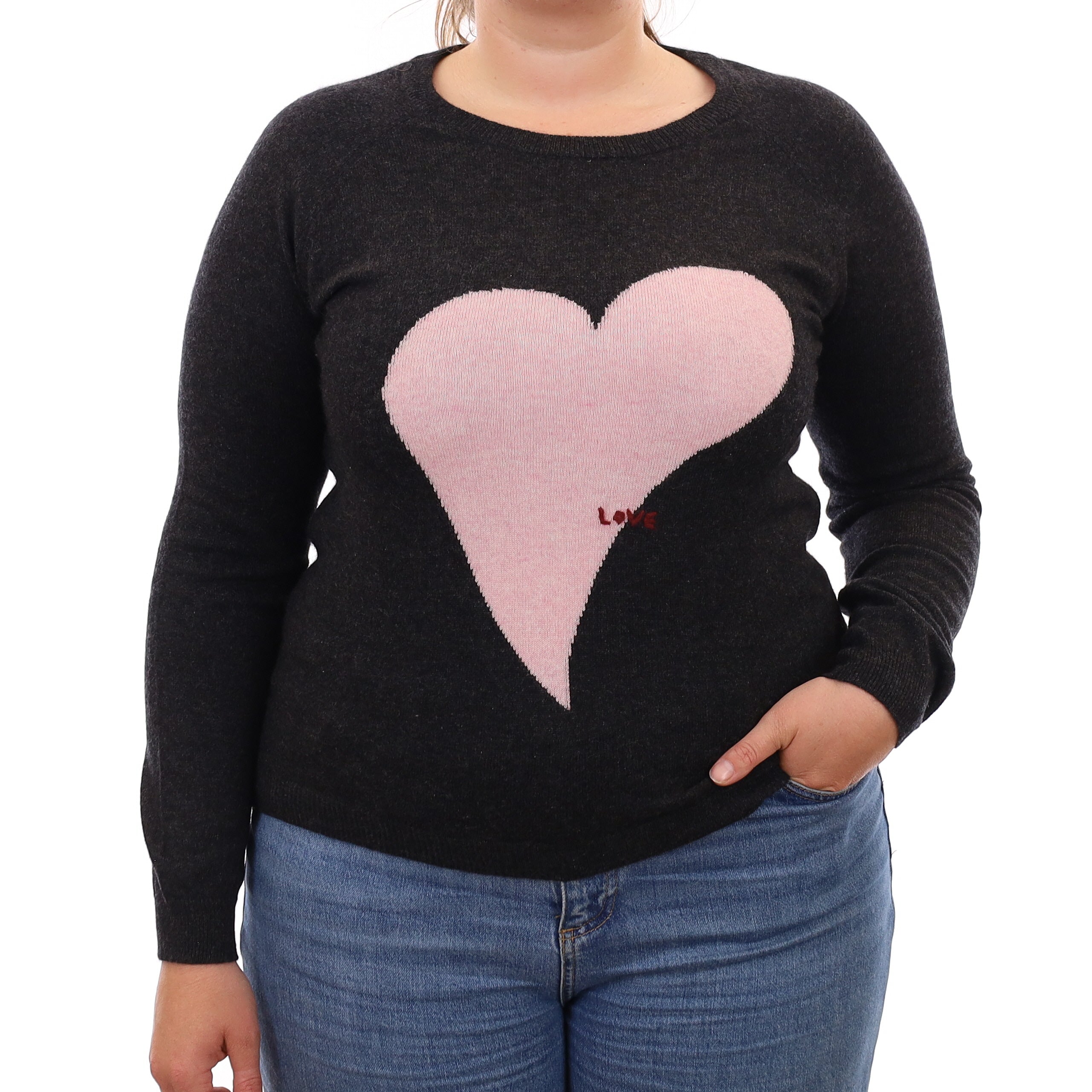 Graphite Grey Heart Design Cashmere Crew Neck Jumper Large