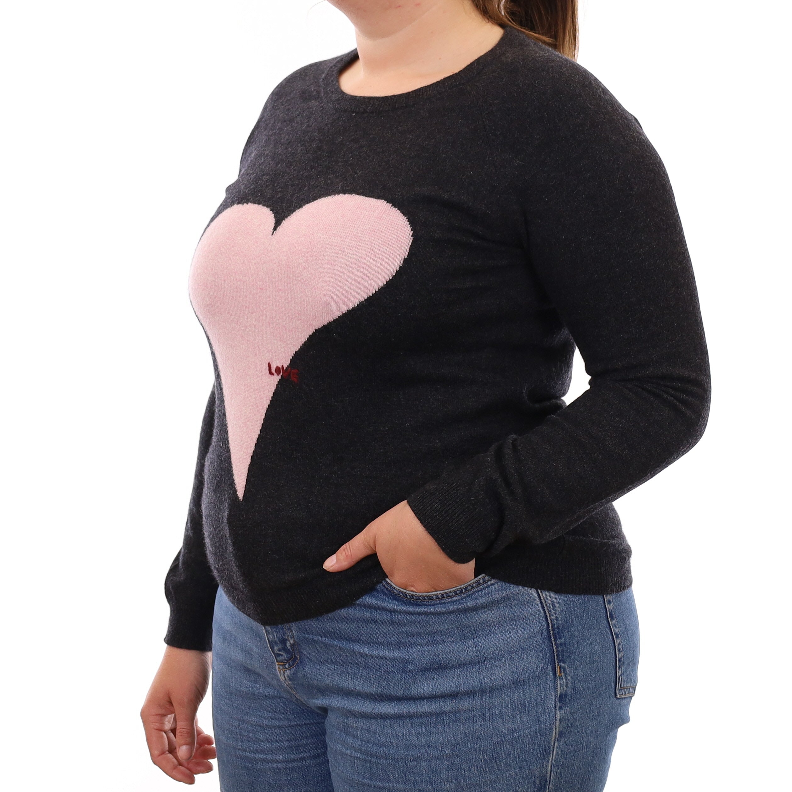 Graphite Grey Heart Design Cashmere Crew Neck Jumper Large