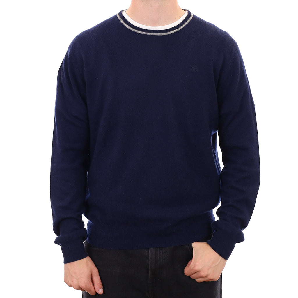 Men's Navy Grey Trim Cashmere Crew Neck Jumper XXL