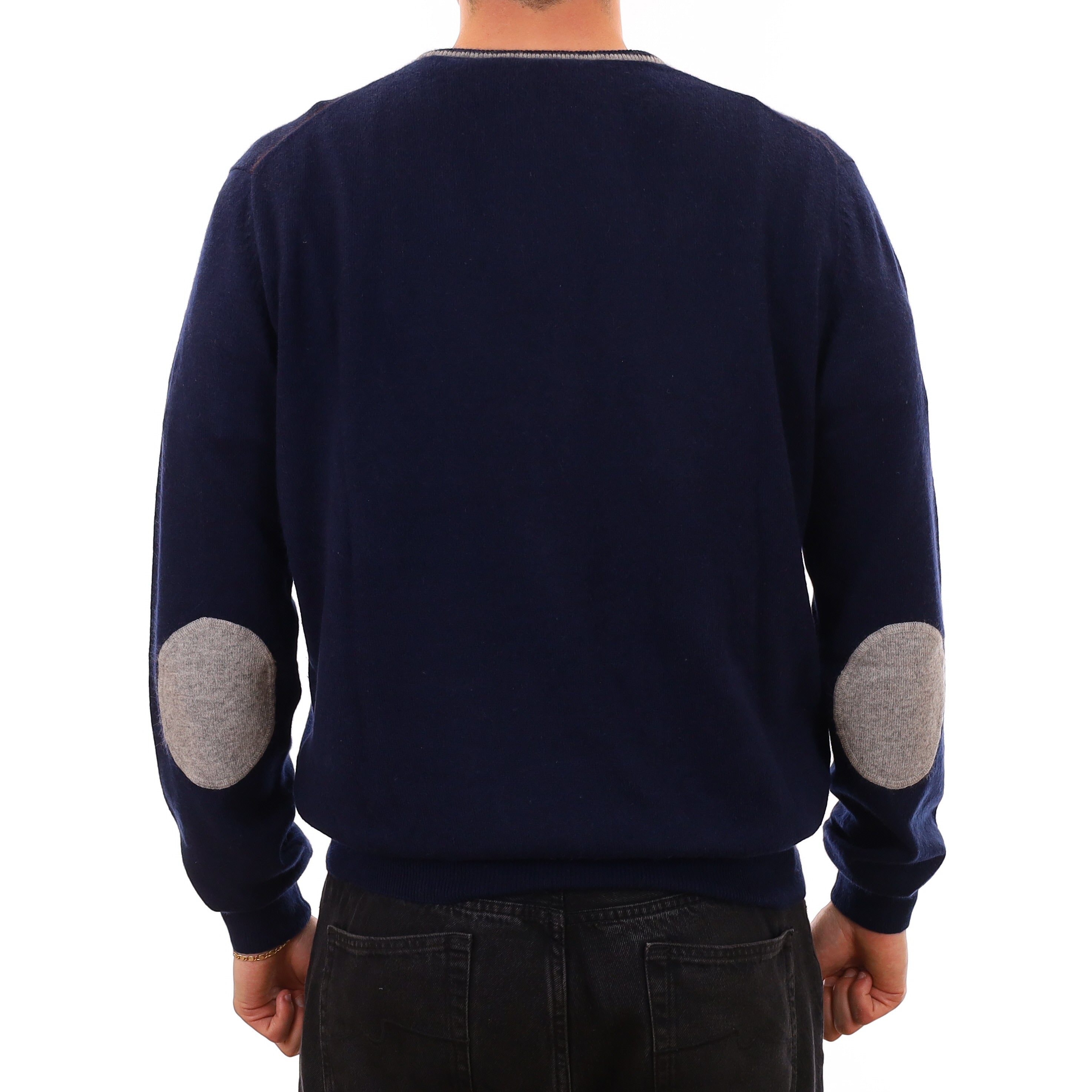 Men's Navy Grey Trim Cashmere Crew Neck Jumper XXL