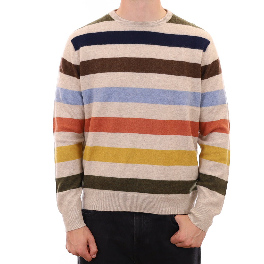 Men's Oatmeal Multicolour Stripe Cashmere Crew Neck Jumper XXL