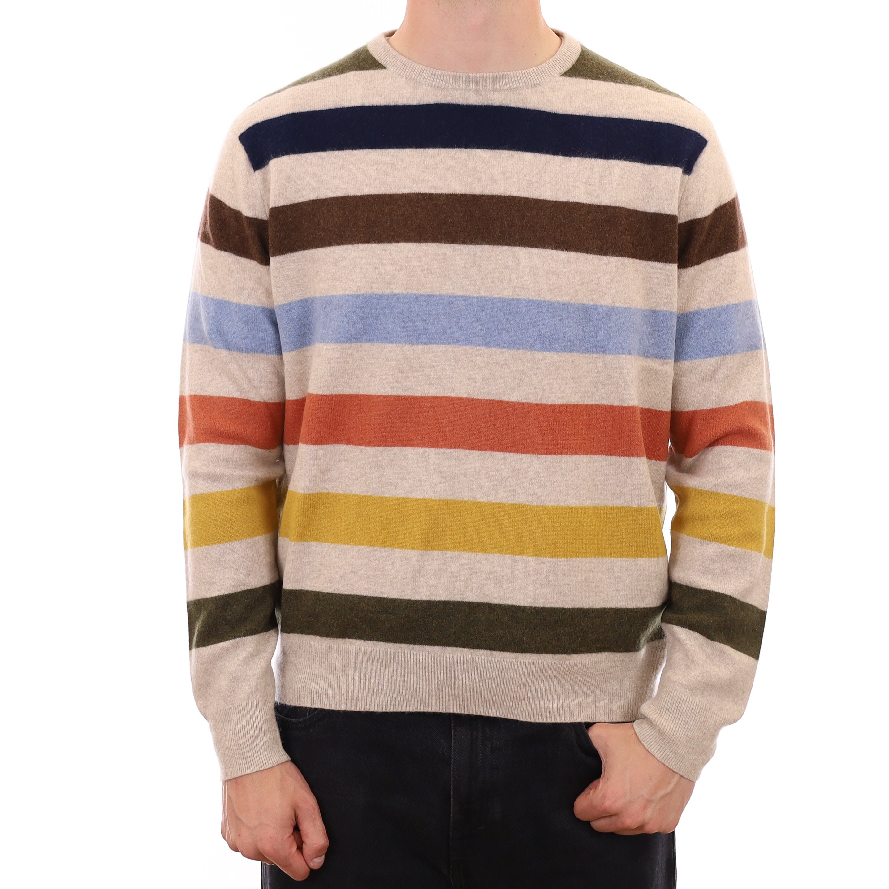 Men's Oatmeal Multicolour Stripe Cashmere Crew Neck Jumper XXL