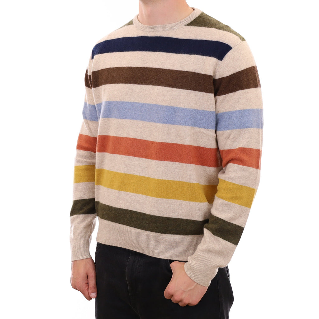Men's Oatmeal Multicolour Stripe Cashmere Crew Neck Jumper XXL