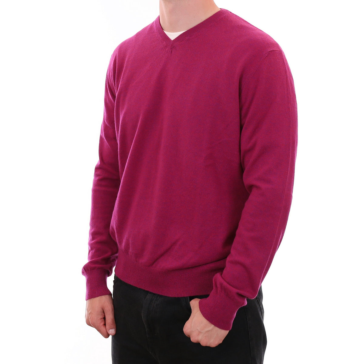 Men's Magenta and Purple Marl Cashmere V Neck Jumper XXL
