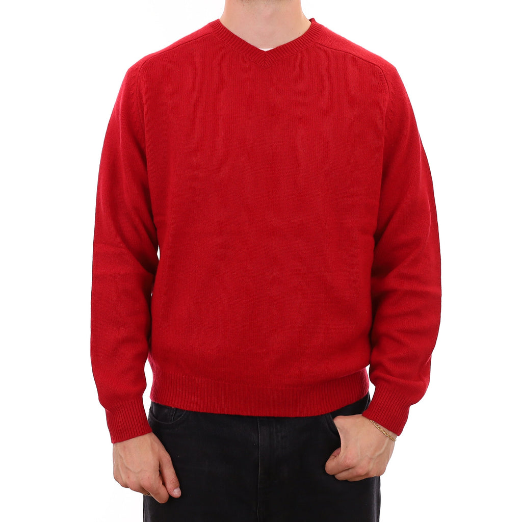 Men's Red Heavy Knit Cashmere V Neck Jumper XXL