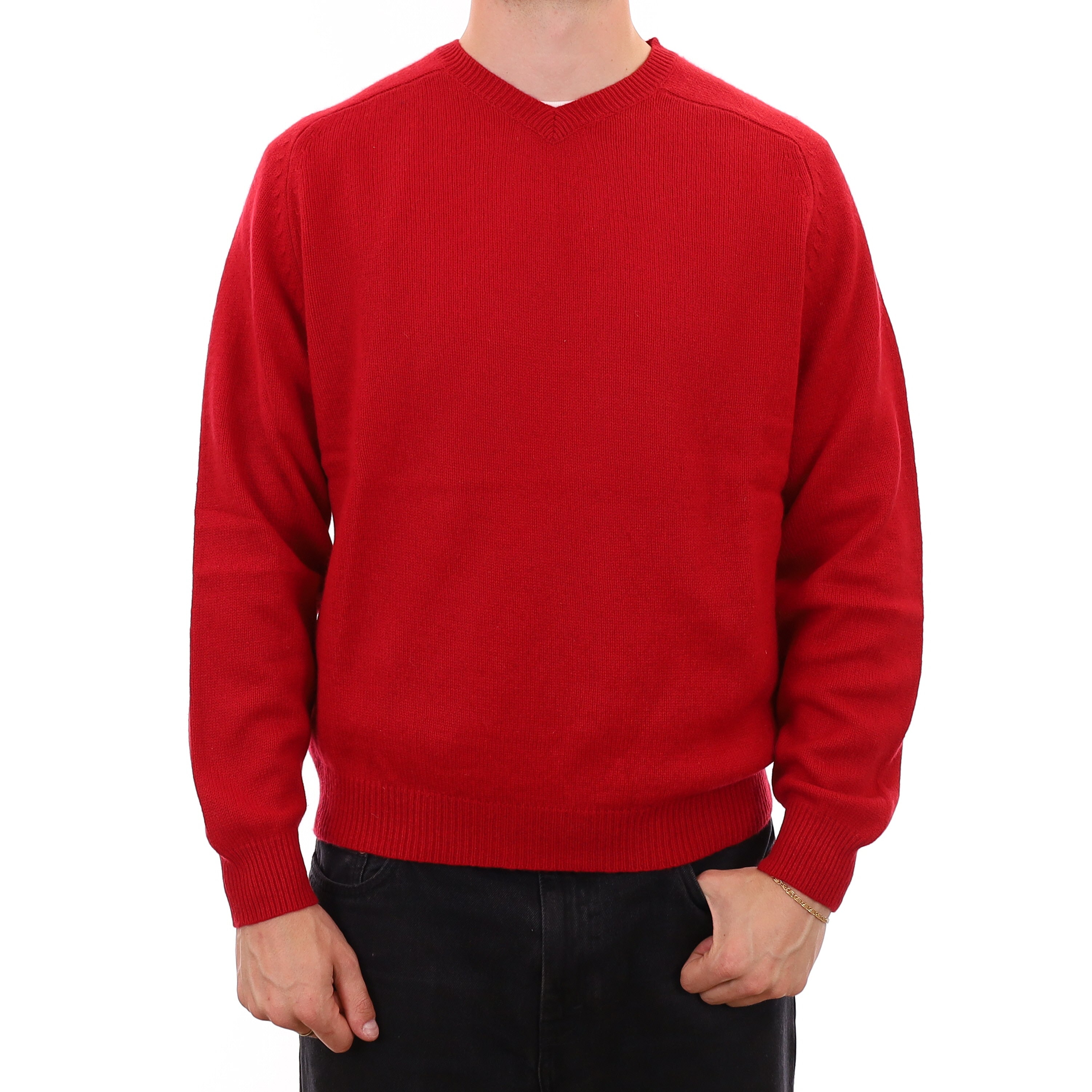 Men's Red Heavy Knit Cashmere V Neck Jumper XXL