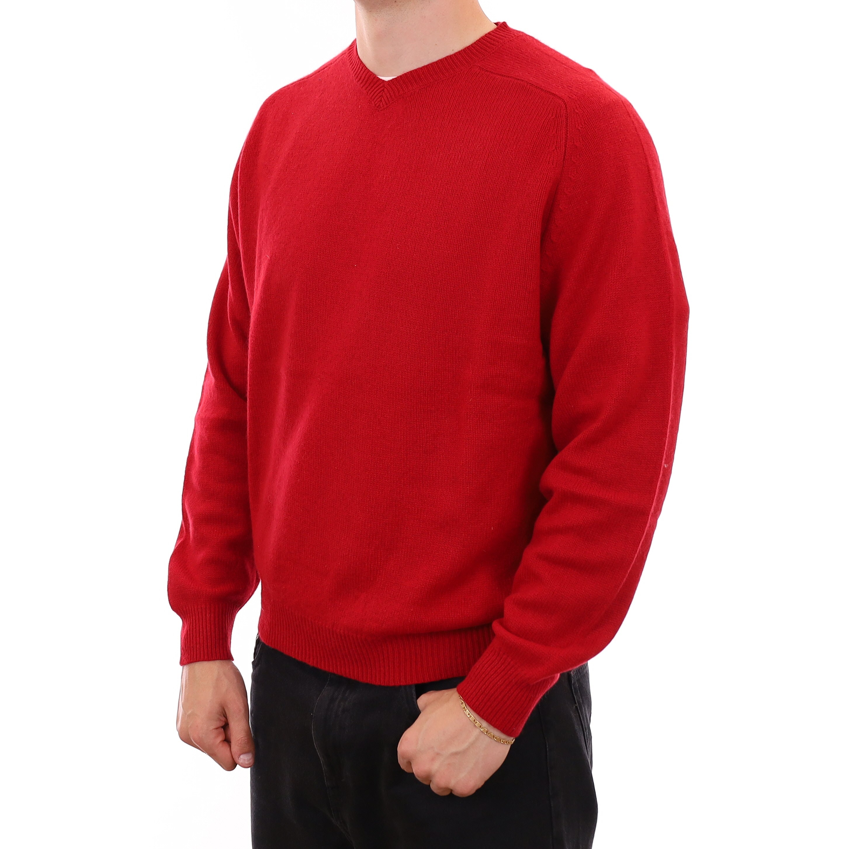 Men's Red Heavy Knit Cashmere V Neck Jumper XXL