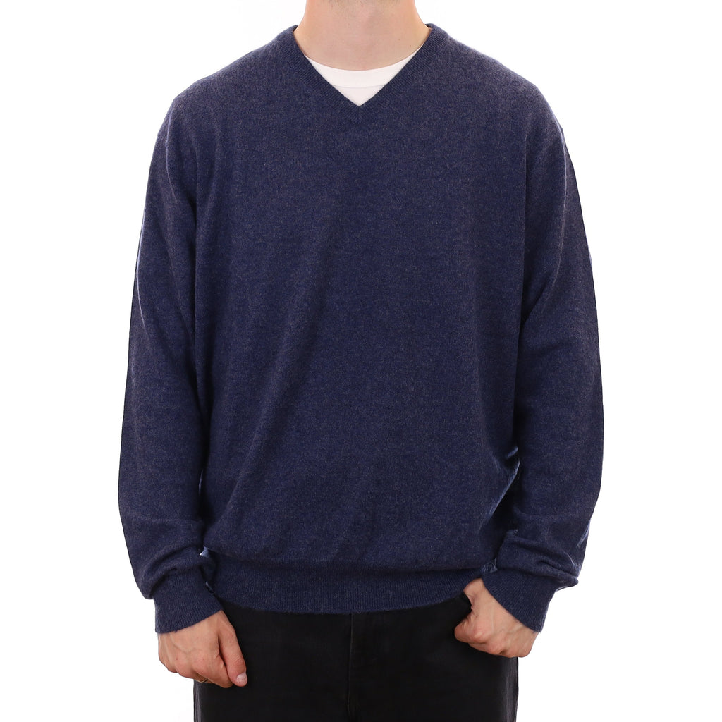 Men's Navy and Grey Marl Cashmere V Neck Jumper XXL