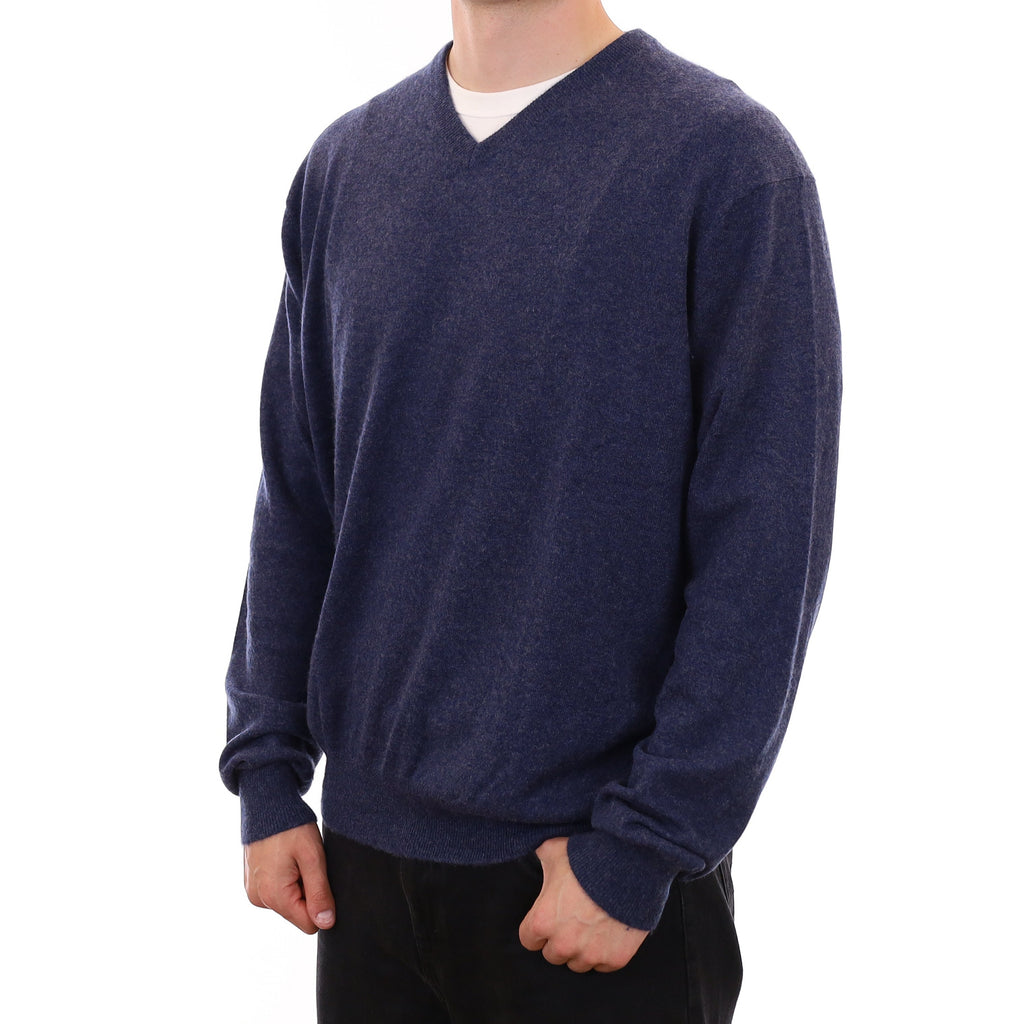 Men's Navy and Grey Marl Cashmere V Neck Jumper XXL