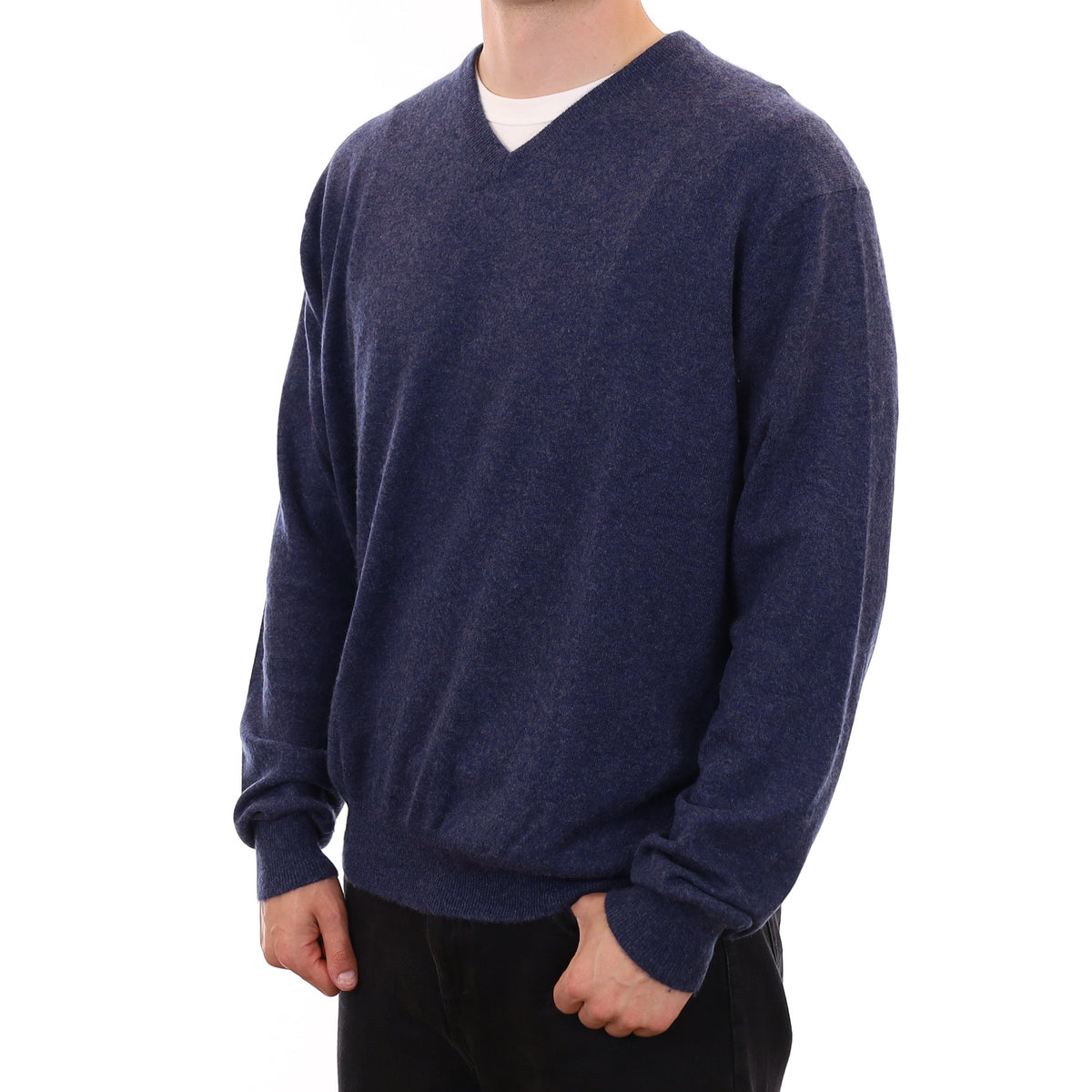 Men's Navy and Grey Marl Cashmere V Neck Jumper XXL