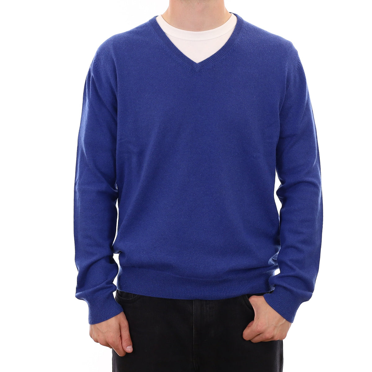 Men's Cobalt Blue Cashmere V Neck Jumper XXL