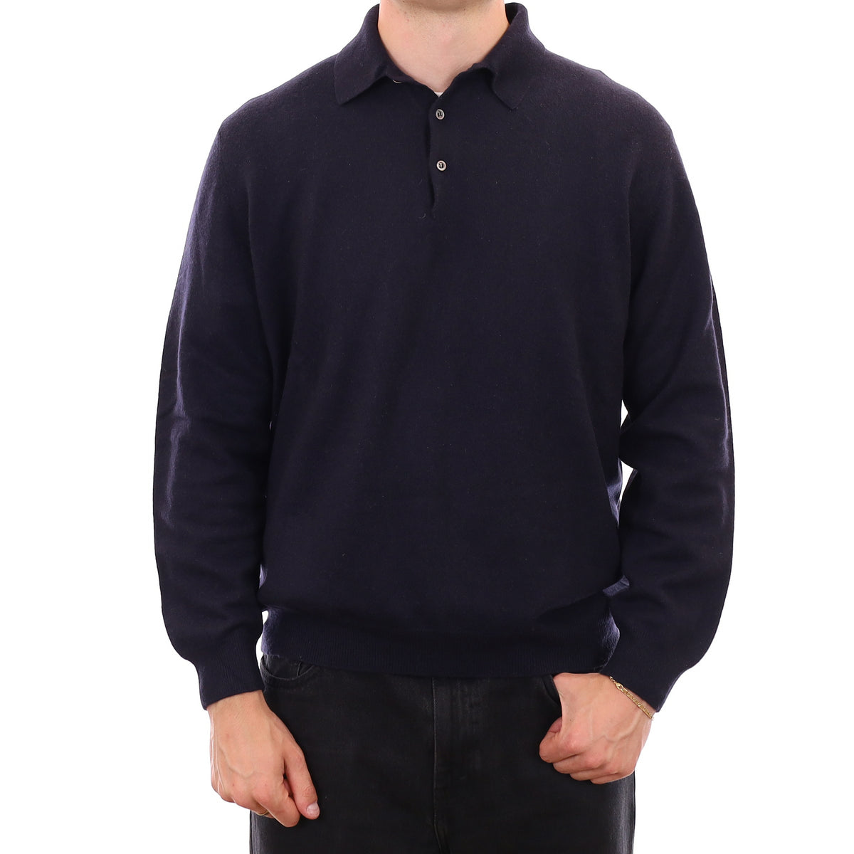 Men's Dark Navy Cashmere Collared 1/4 Button Jumper XXL