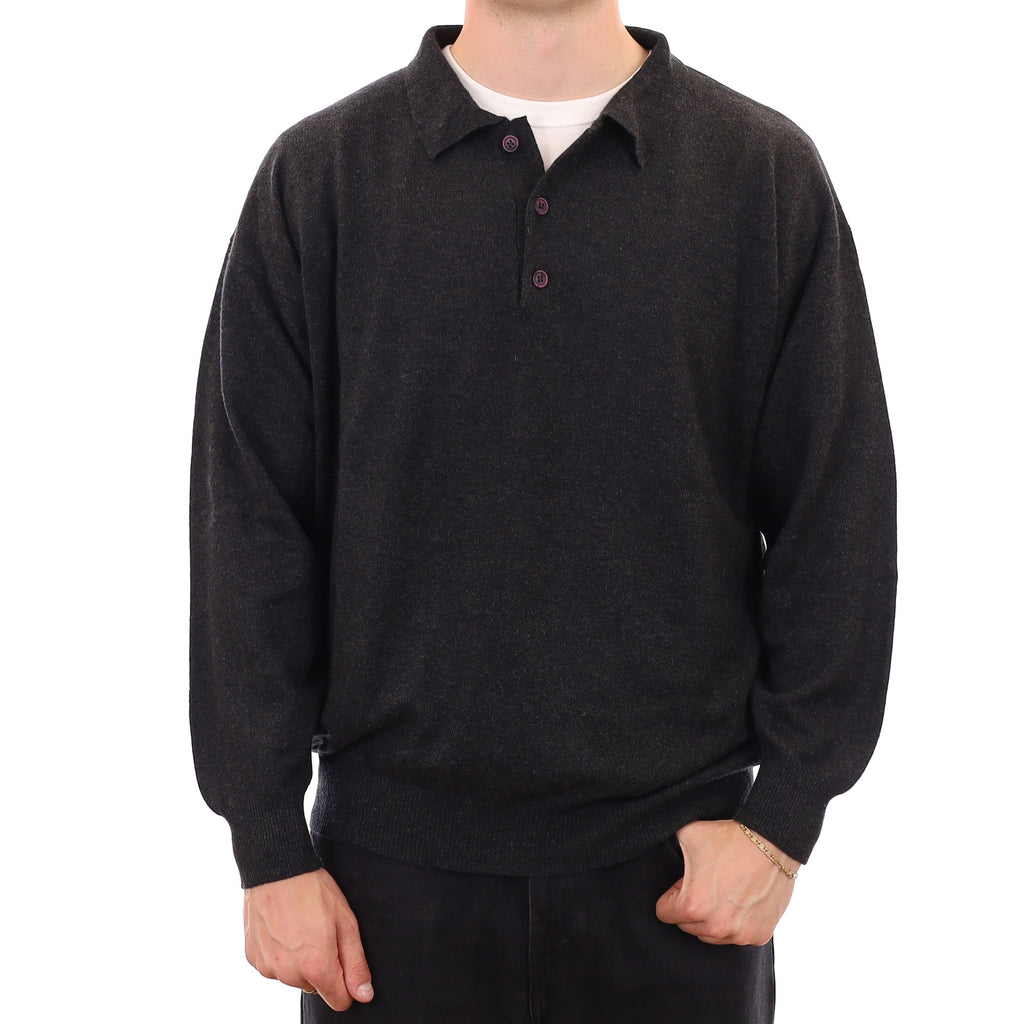Men's Graphite Grey Cashmere Collared 1/4 Button Jumper XXL