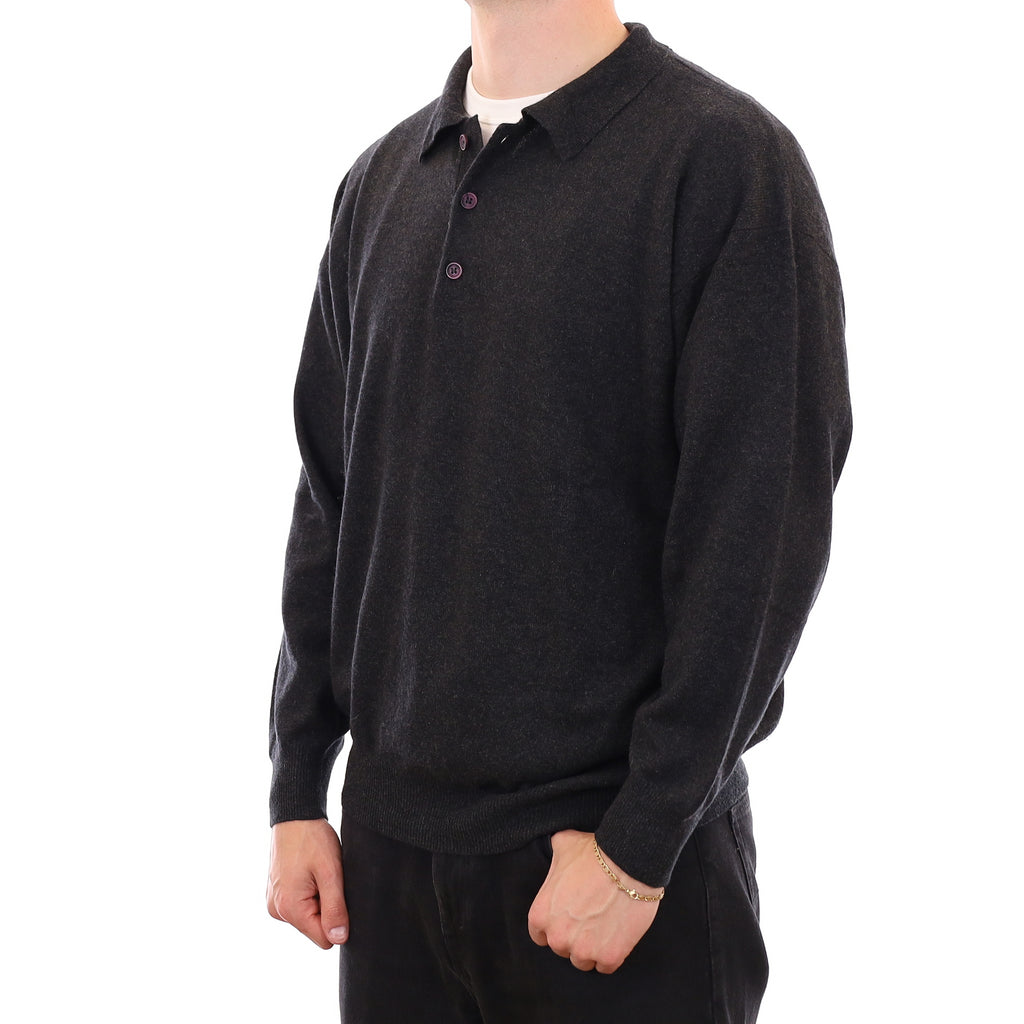 Men's Graphite Grey Cashmere Collared 1/4 Button Jumper XXL