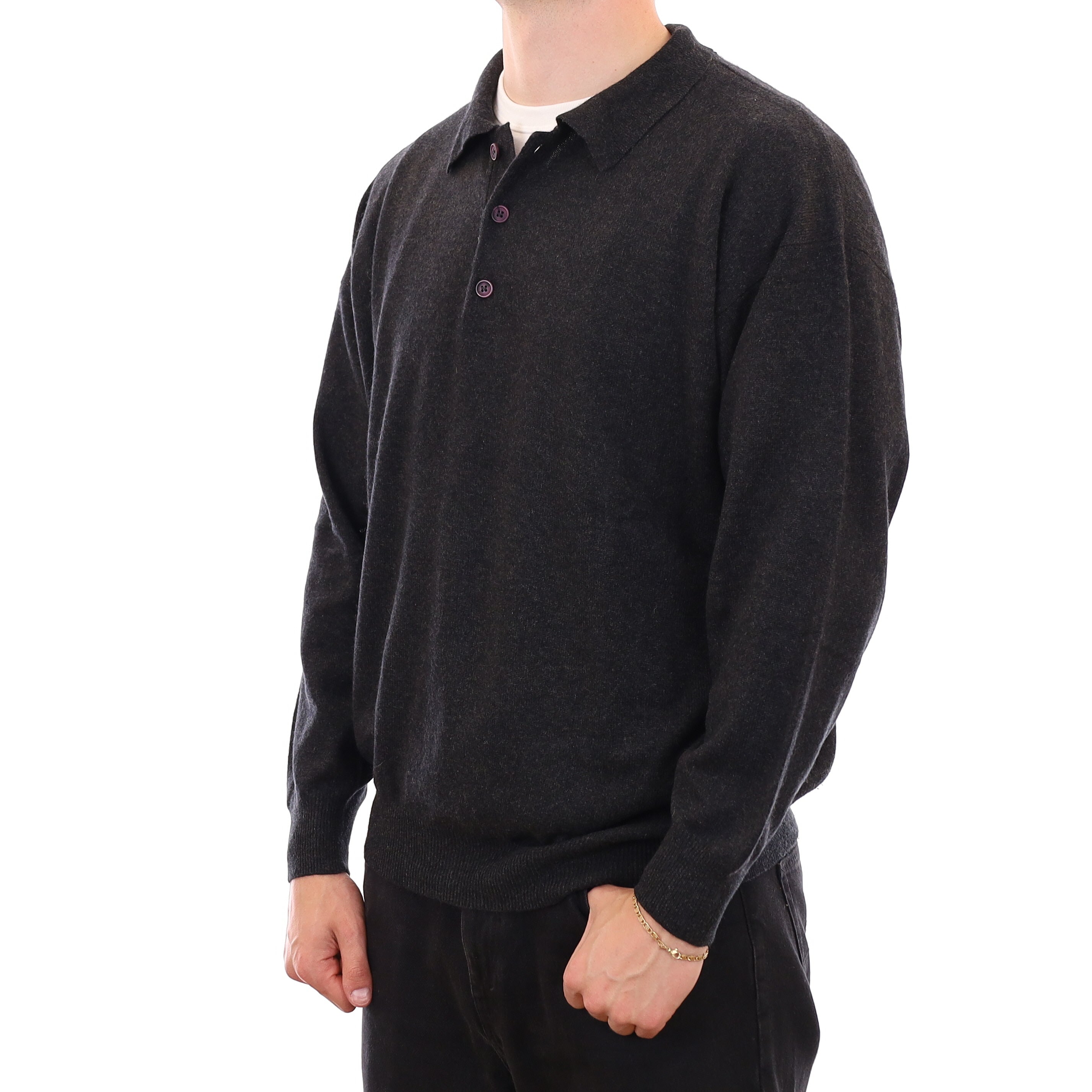 Men's Graphite Grey Cashmere Collared 1/4 Button Jumper XXL