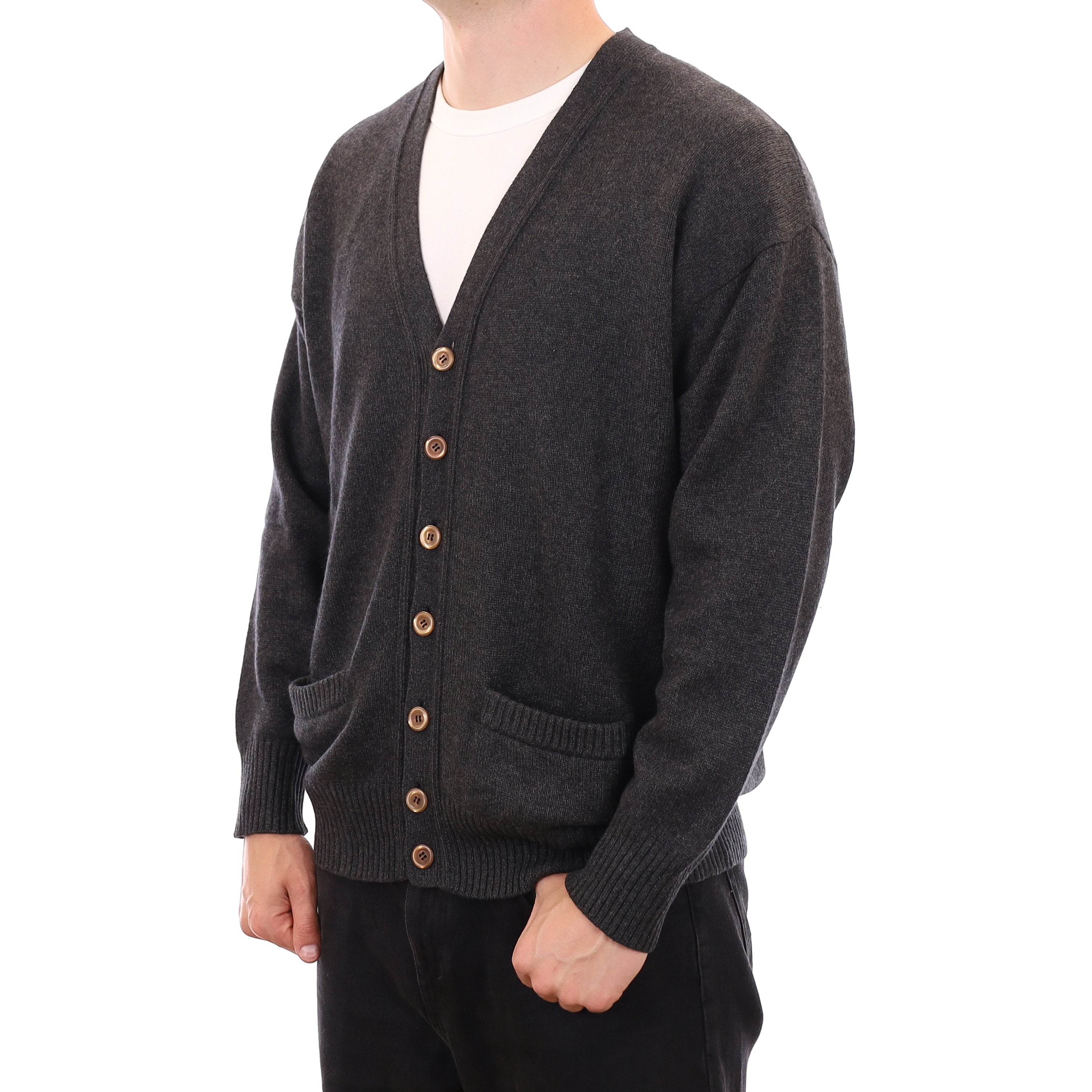 Men's Charcoal Grey Heavy Knit Cashmere V Neck Cardigan XXL