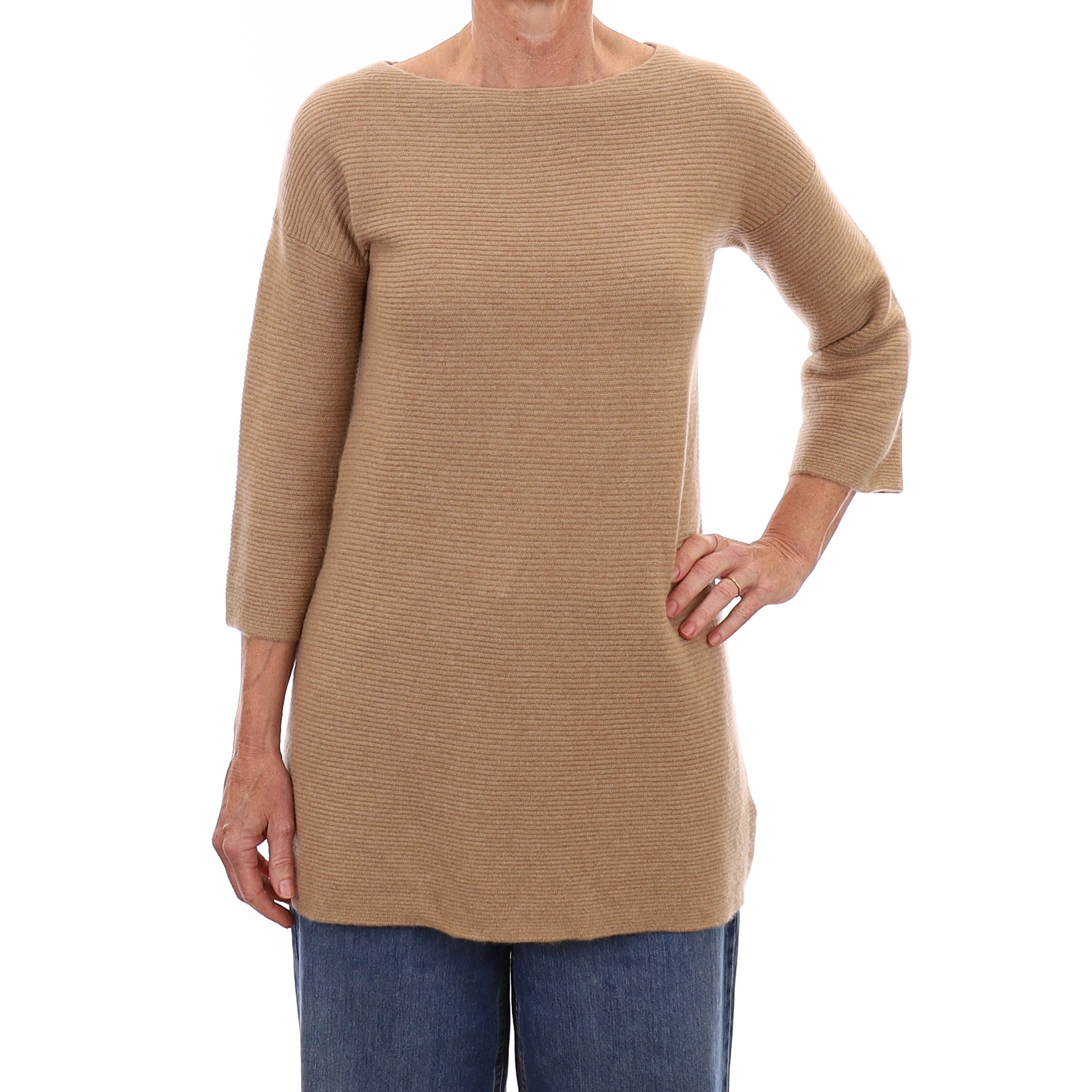 Camel Brown Rib Cashmere Slash Neck Tunic Jumper Small