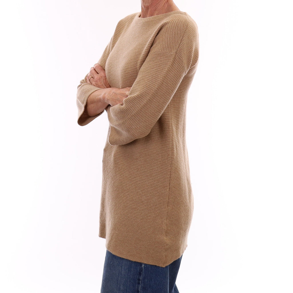 Camel Brown Rib Cashmere Slash Neck Tunic Jumper Small
