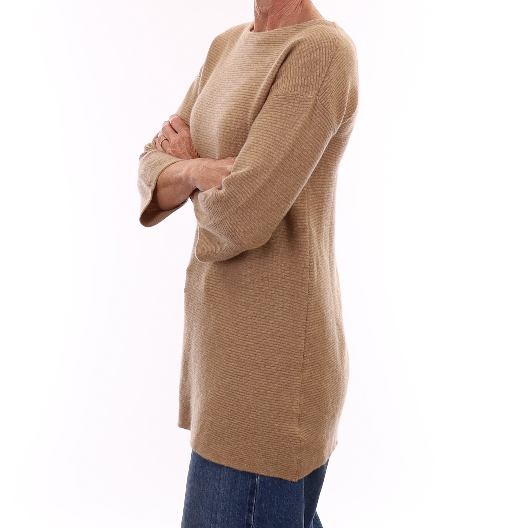 Camel Brown Rib Cashmere Slash Neck Tunic Jumper Small