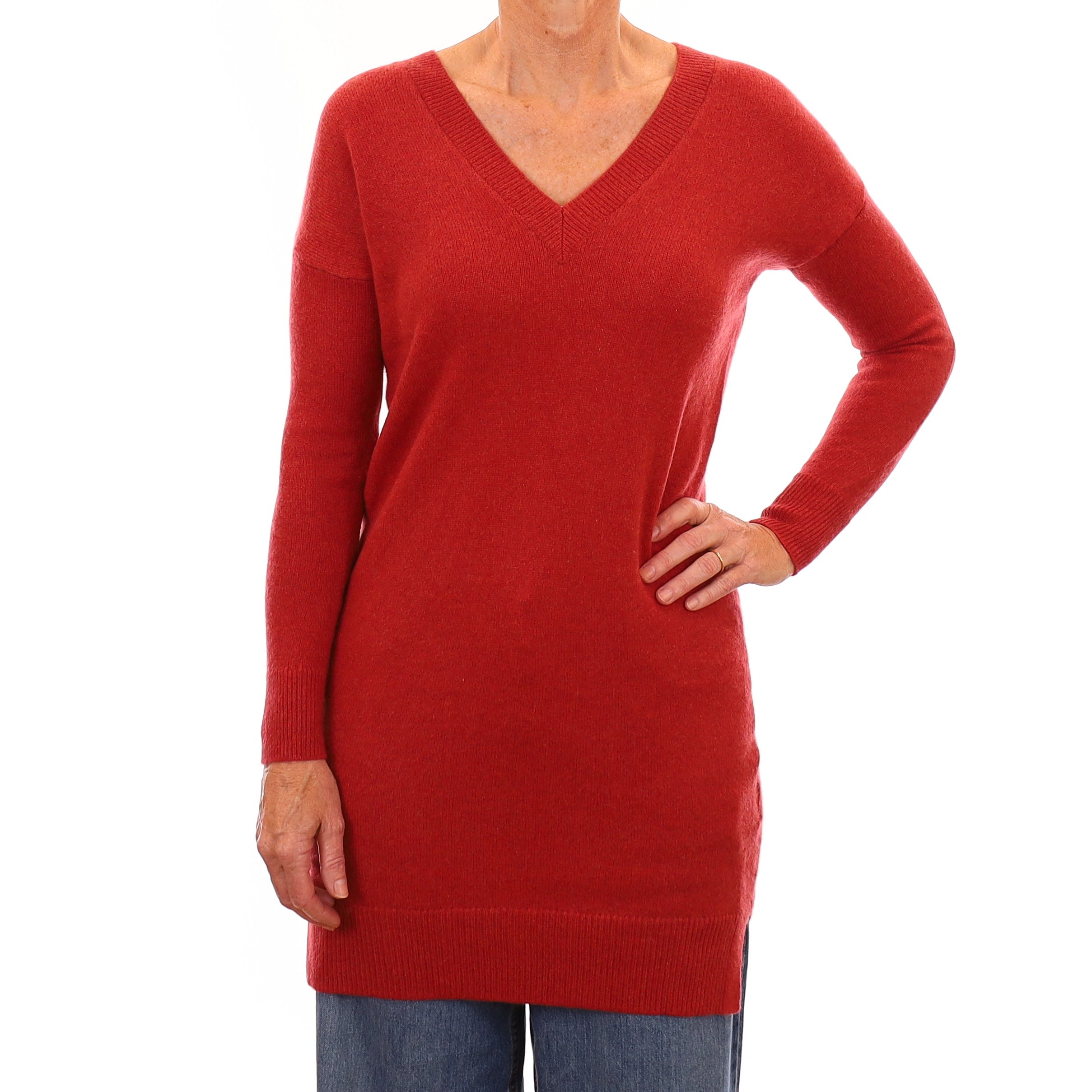 Paprika Red Cashmere Longline V Neck Jumper Small