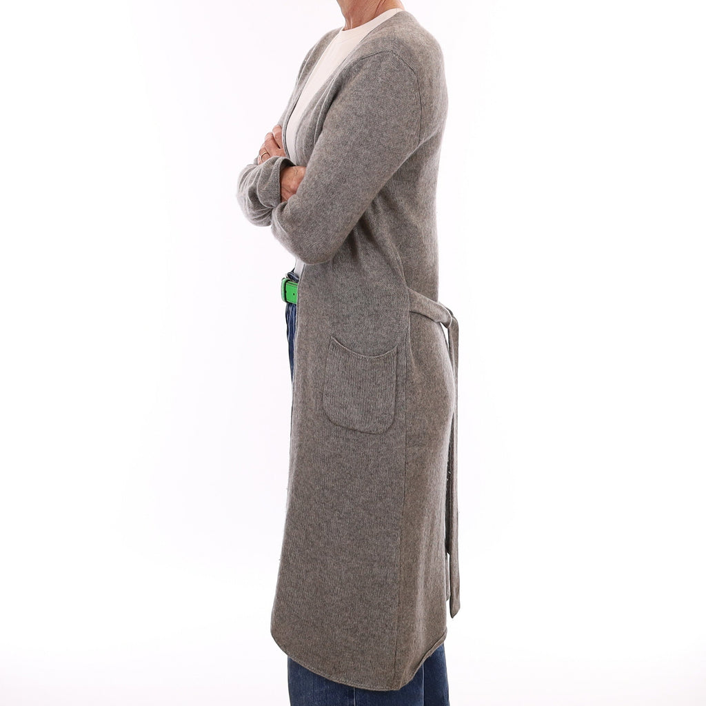 Smoke Grey Cashmere Longline Cardigan with Belt and Pockets Small