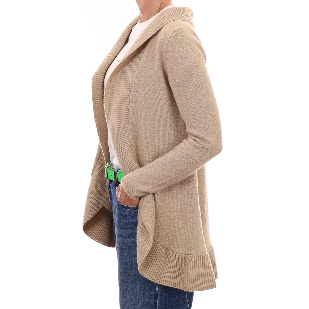 Rani Arabella Biscuit Beige Cashmere Ruffle Edge to Edge Cardigan Small