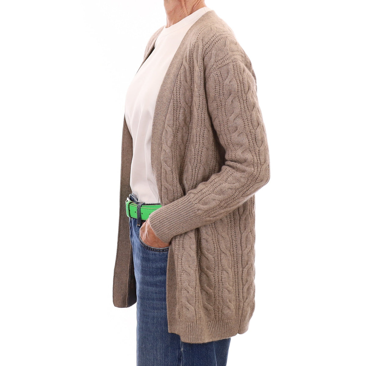 Fawn Chunky Cable Cashmere Edge to Edge Cardigan Small