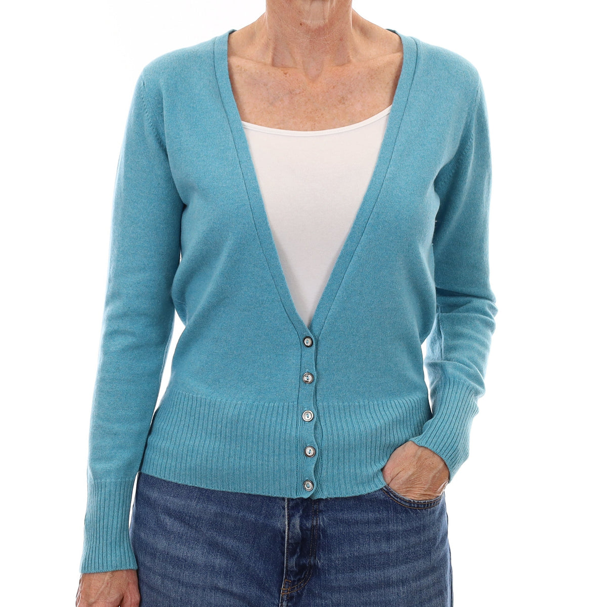 Scottish Brora Aqua Blue Cashmere V Neck Cardigan Small