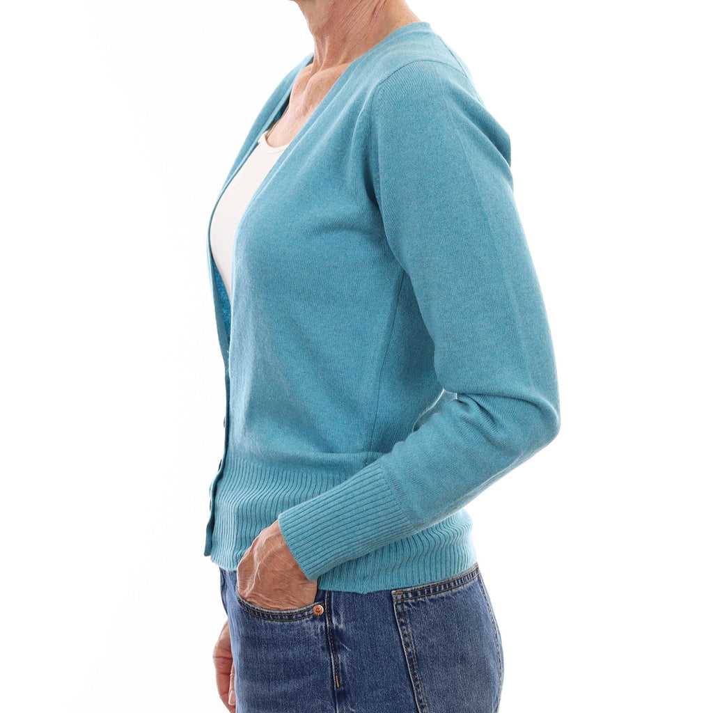 Scottish Brora Aqua Blue Cashmere V Neck Cardigan Small