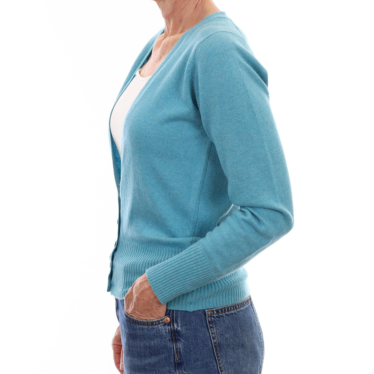 Scottish Brora Aqua Blue Cashmere V Neck Cardigan Small
