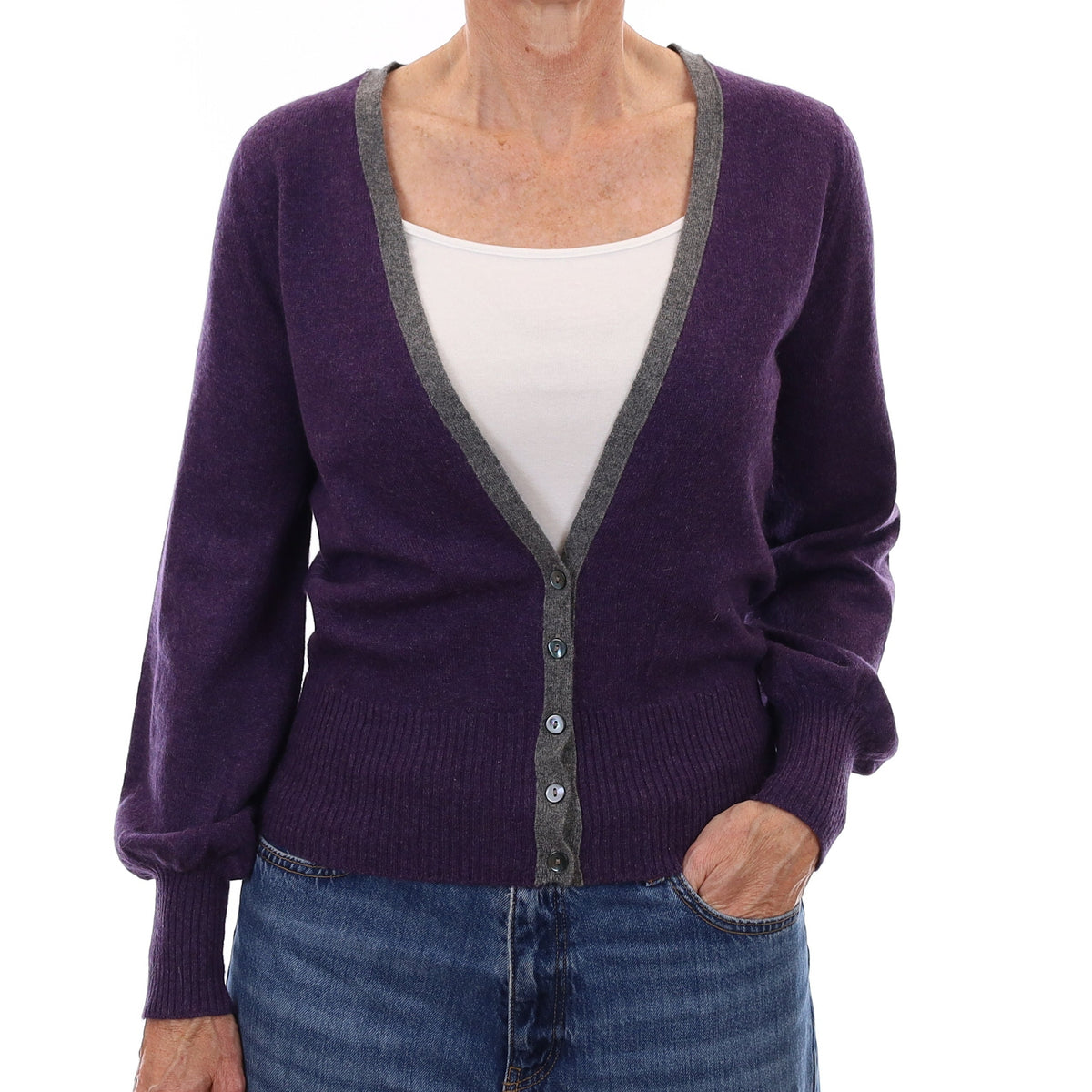 Scottish Brora Purple Grey Trim Cashmere V Neck Cardigan Small