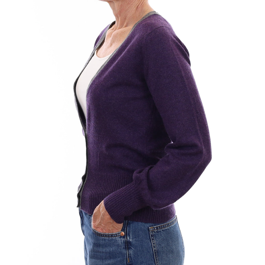 Scottish Brora Purple Grey Trim Cashmere V Neck Cardigan Small