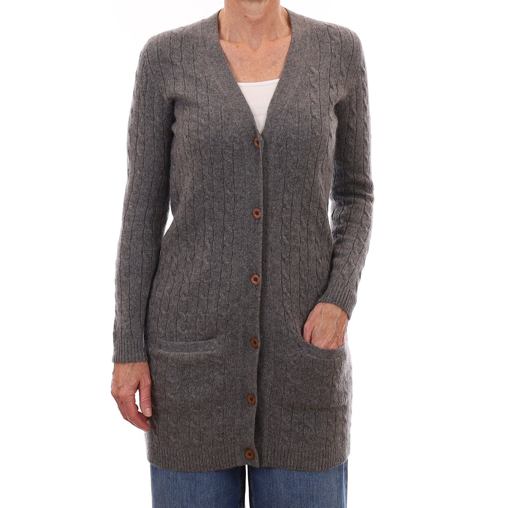 Ash Grey Cable Cashmere Longline Cardigan with Pockets Small