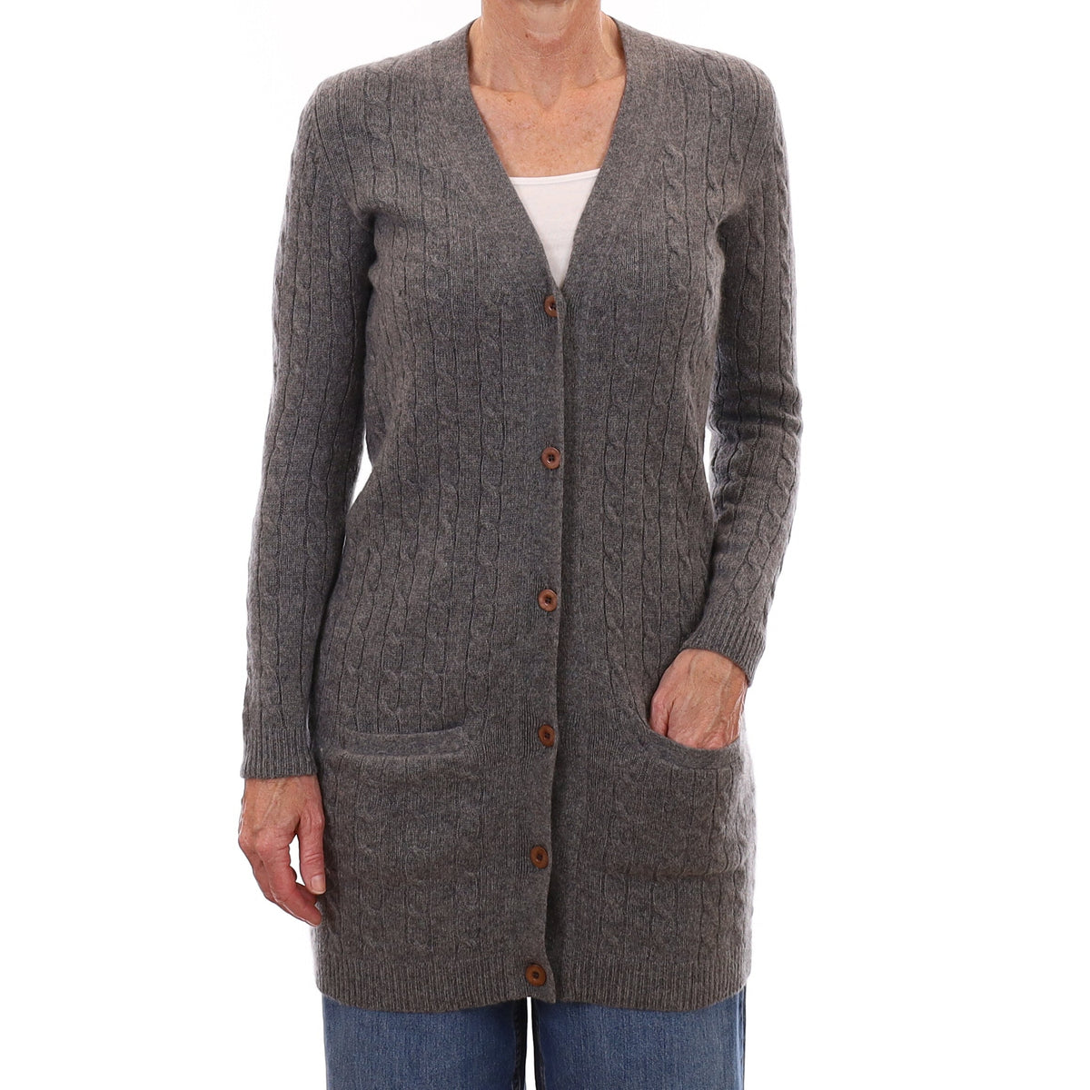 Ash Grey Cable Cashmere Longline Cardigan with Pockets Small