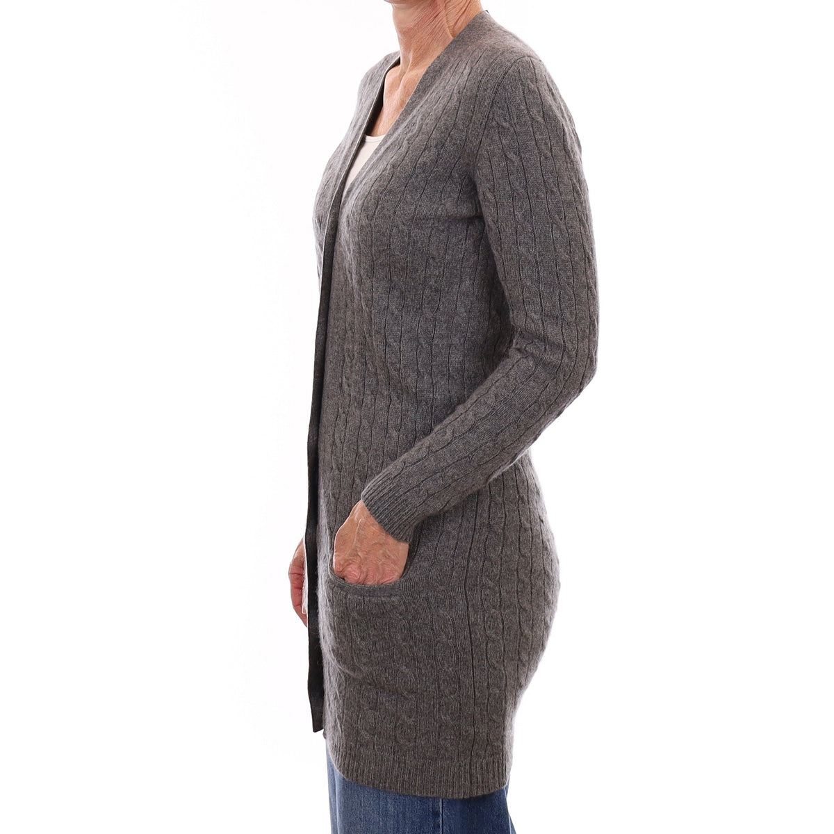 Ash Grey Cable Cashmere Longline Cardigan with Pockets Small