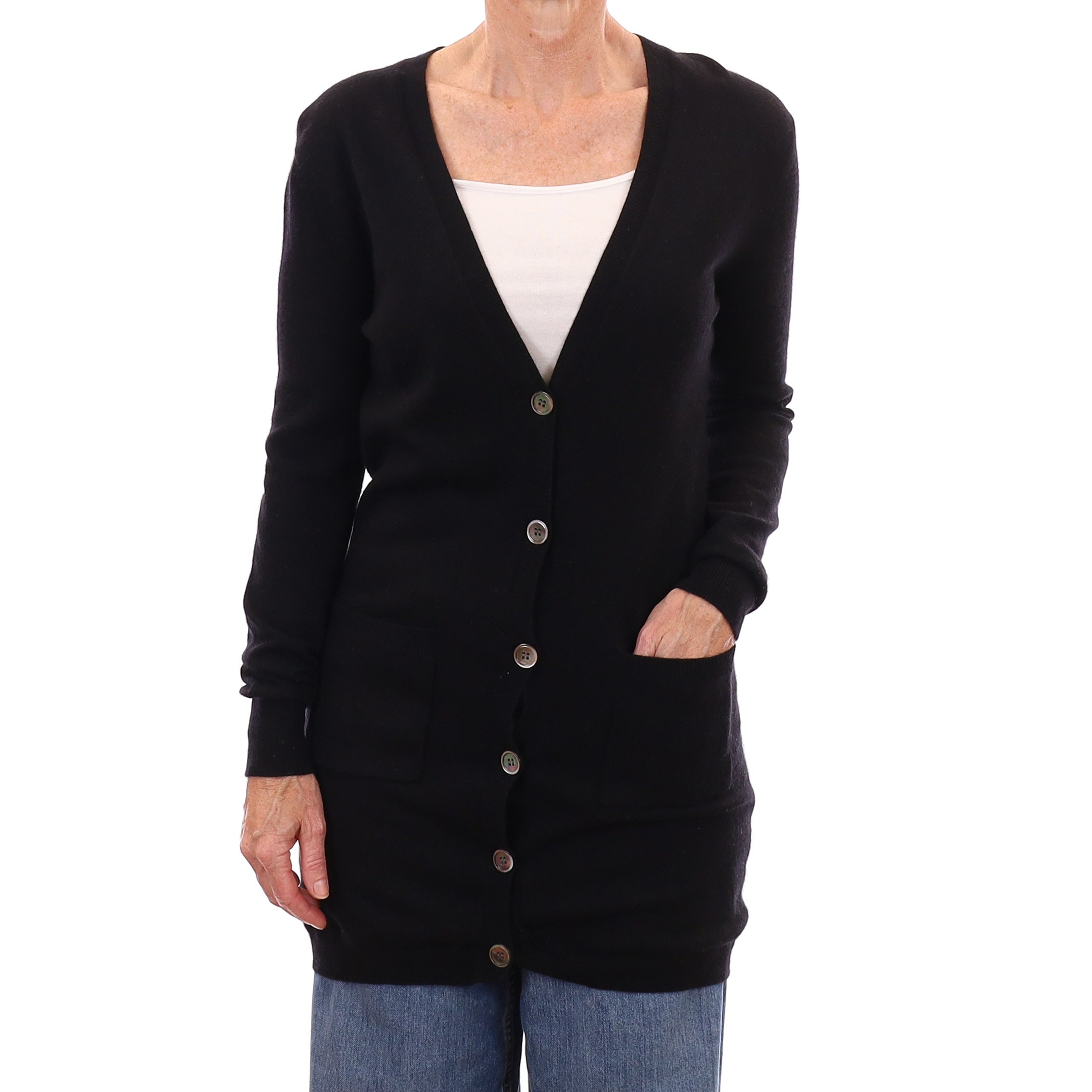 Allude Black Cashmere Long V Neck Cardigan with Pockets Small