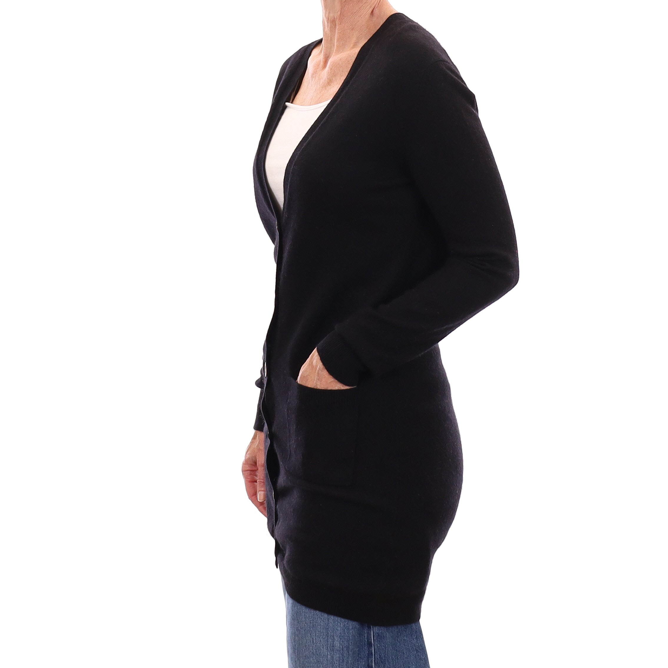 Allude Black Cashmere Long V Neck Cardigan with Pockets Small