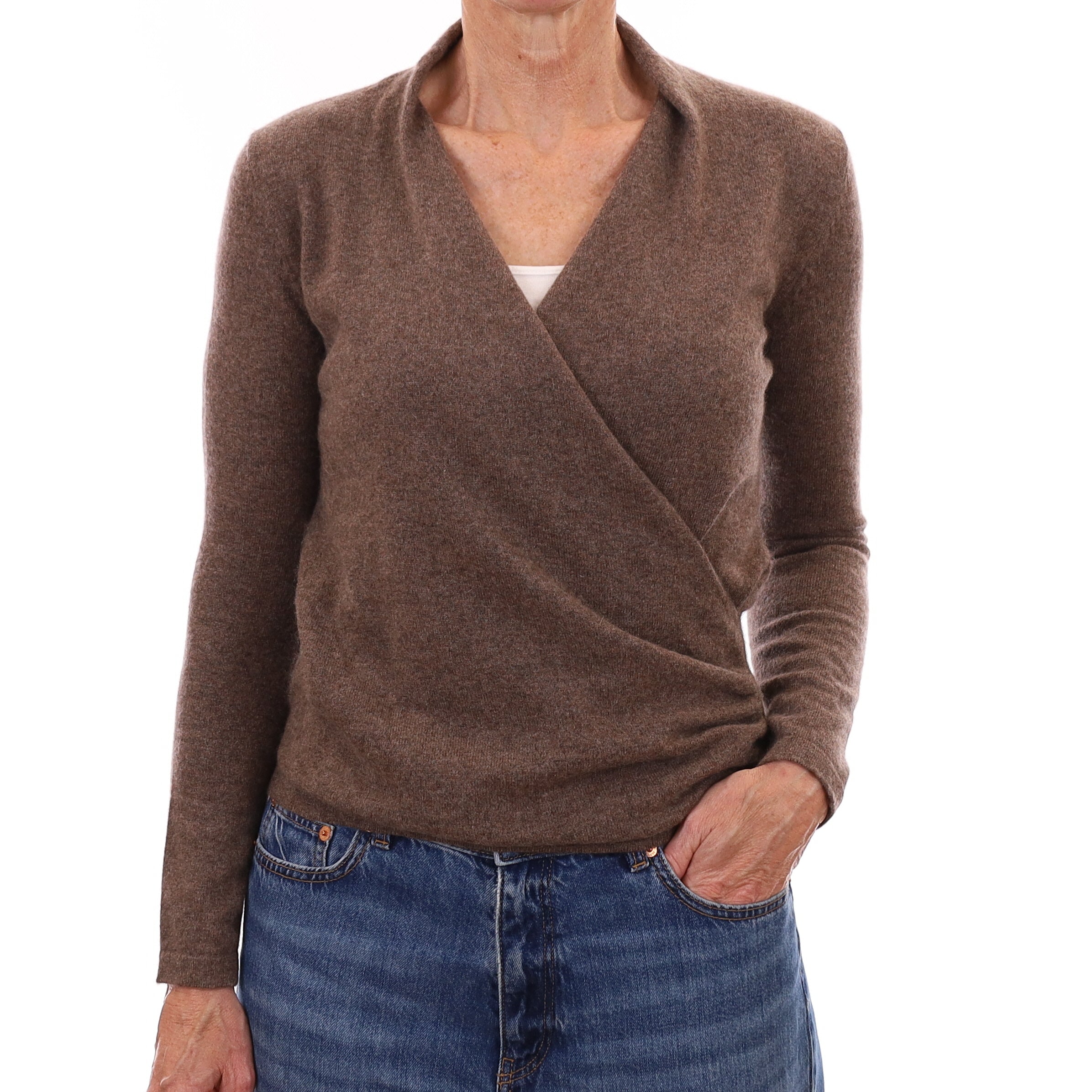 Mocha Brown Cashmere Cross Over V Neck Jumper Small