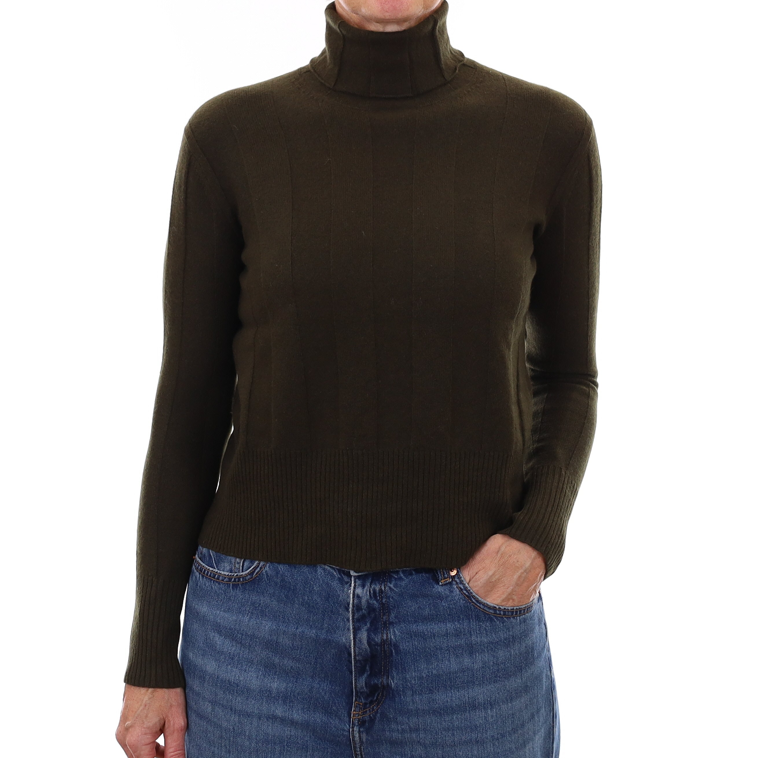 Deep Khaki Wide Rib Cashmere Polo Neck Jumper Small