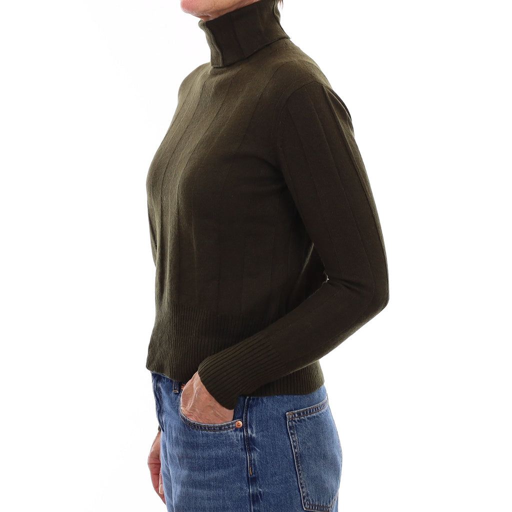 Deep Khaki Wide Rib Cashmere Polo Neck Jumper Small