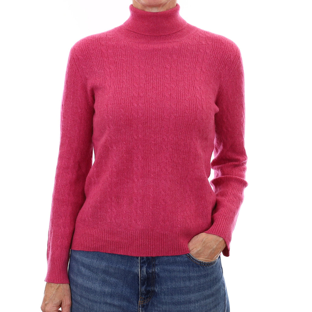 Fuchsia Pink Cable Cashmere Polo Neck Jumper Small