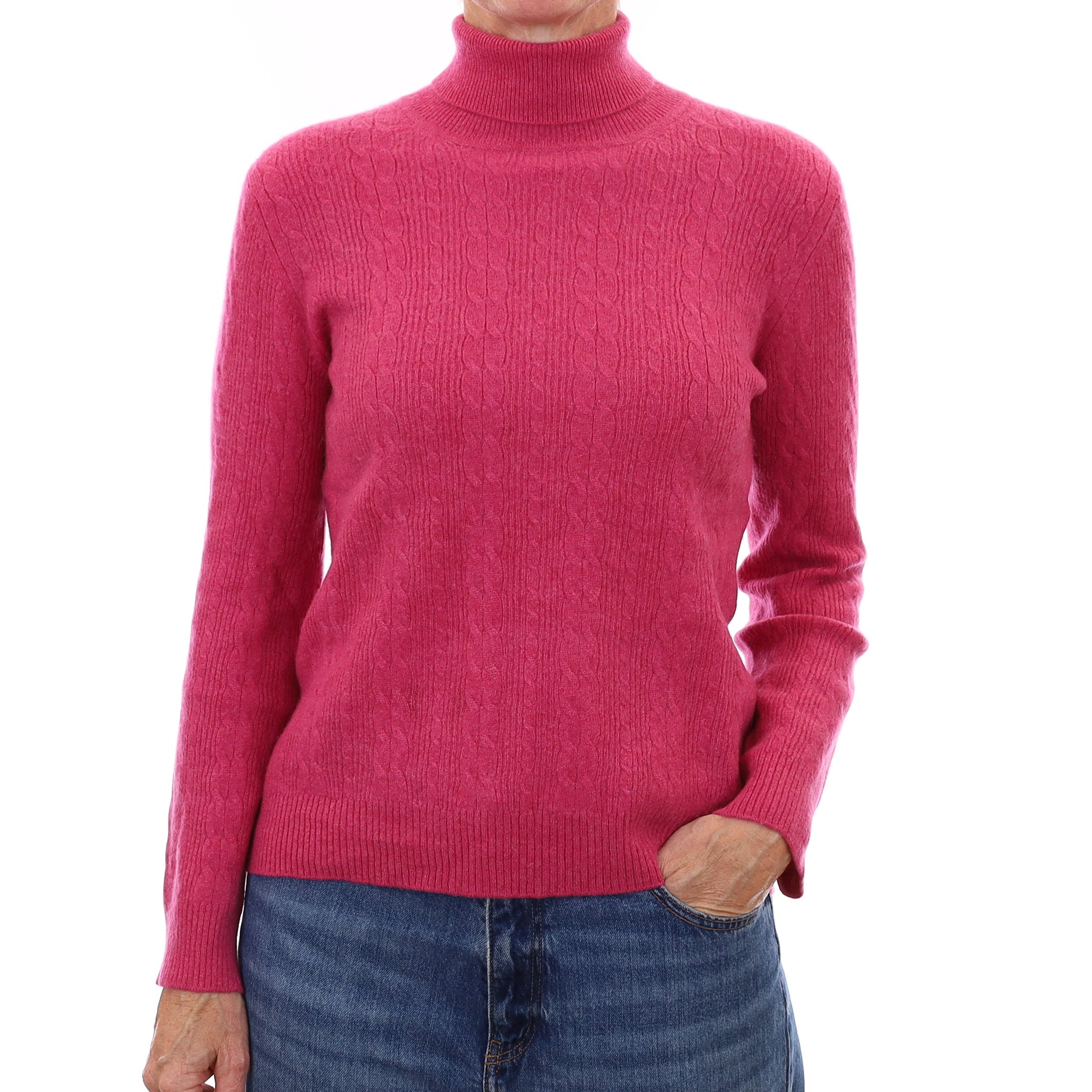 Fuchsia Pink Cable Cashmere Polo Neck Jumper Small