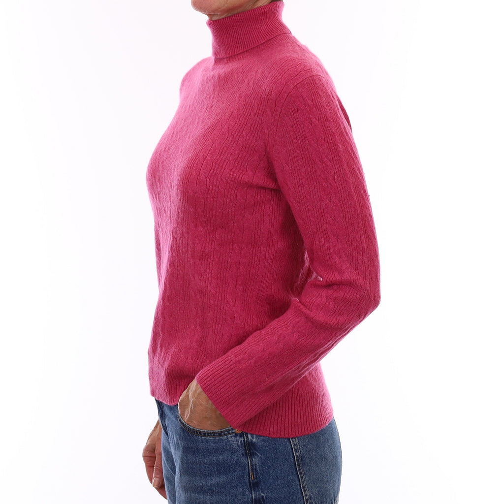 Fuchsia Pink Cable Cashmere Polo Neck Jumper Small